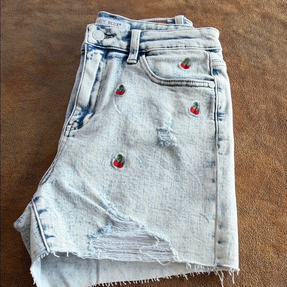 Judy Blue Light Blue Distressed Jeans with Cherry Embroidery